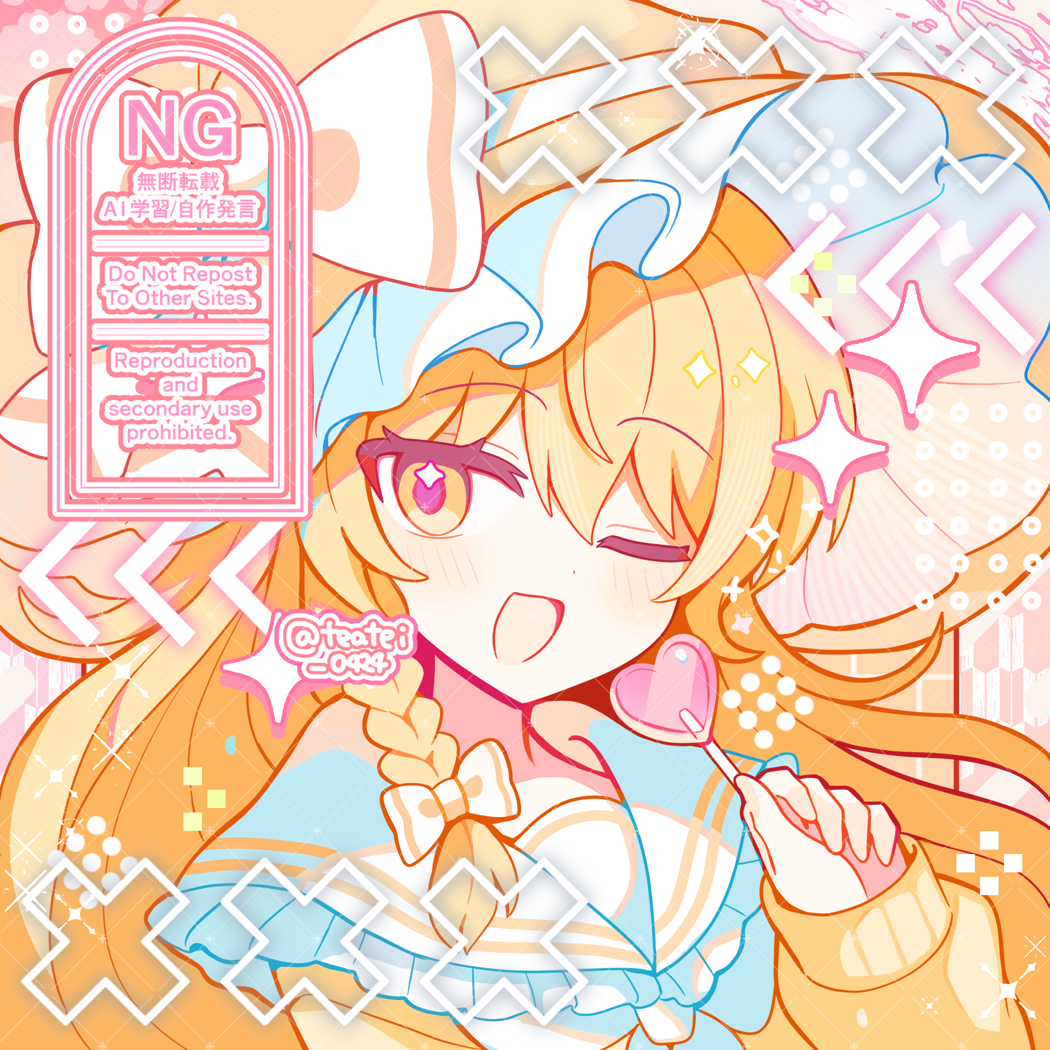 shirocha tei, kirisame marisa, touhou, commentary request, highres, 1girl, ;d, blonde hair, blush, bow, braid, candy, dot nose, food, frilled hat, frilled sailor collar, frills, hair between eyes, hair bow, hat, hat bow, heart, heart-shaped food, heart-shaped lollipop, holding, holding candy, holding food, holding lollipop, lollipop, long hair, long sleeves, looking at viewer, one eye closed, open mouth, portrait, sailor collar, shaped lollipop, shirt, single braid, smile, solo, sparkle, twitter username, watermark, white bow, white sailor collar, yellow eyes, yellow hat, yellow shirt