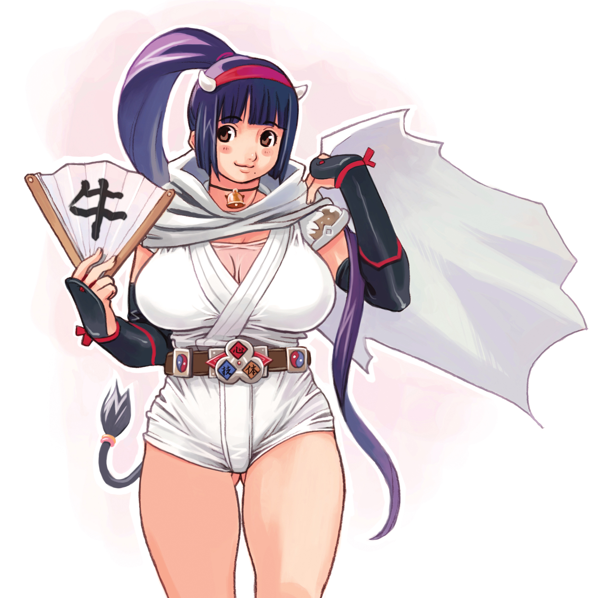 ryoji (nomura ryouji), mugen no fantasia, highres, 1girl, :3, blue hair, breasts, brown eyes, cape, cow girl, cow horns, cow tail, female focus, hand fan, horns, huge breasts, solo, tail