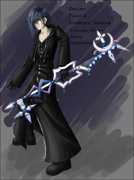 organization xiii, zexion, kingdom hearts, black coat (kingdom hearts), blue hair, cloak, keyblade, male focus, solo, weapon