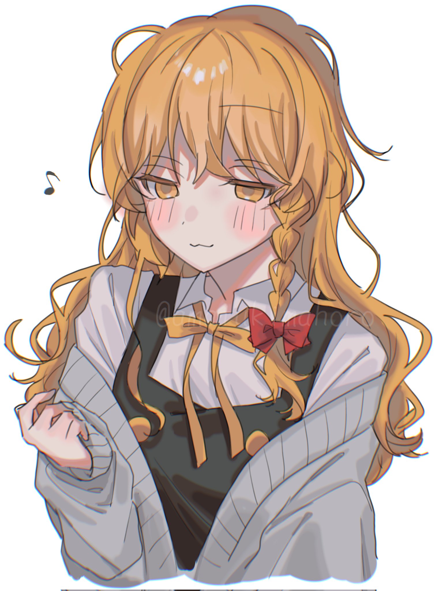 amatukimahoro, kirisame marisa, touhou, commentary request, corrupted twitter file, highres, 1girl, :3, black vest, blonde hair, blush, bow, bowtie, braid, cardigan, closed mouth, collared shirt, grey cardigan, hair bow, long hair, long sleeves, musical note, open cardigan, open clothes, red bow, shirt, side braid, simple background, single braid, smile, solo, twitter username, vest, watermark, white background, white shirt, yellow bow, yellow bowtie, yellow eyes