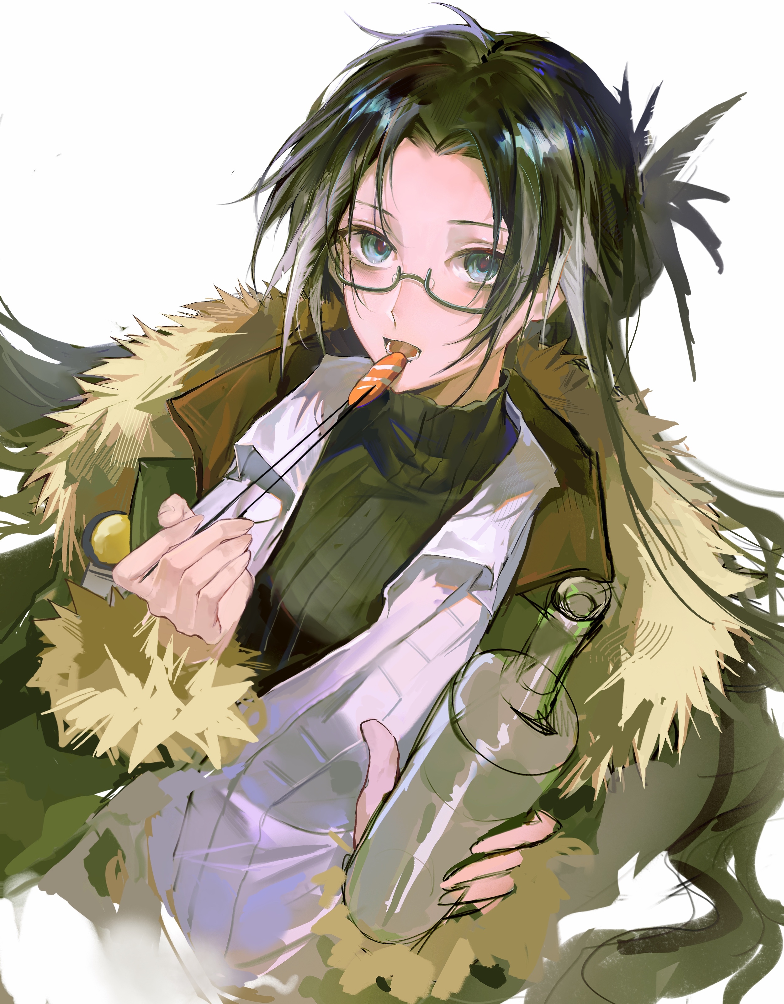 miaoling (miaoling 33zenobia), snegurochka (arknights), arknights, absurdres, chinese commentary, commentary request, highres, 1girl, bags under eyes, bird girl, black hair, black sweater, bottle, chopsticks, coat, eating, feather hair, food, fur-trimmed coat, fur trim, glasses, holding, holding bottle, holding chopsticks, long hair, long sleeves, looking at viewer, messy hair, parted bangs, simple background, solo, sweater, turtleneck, turtleneck sweater, upper body, white background