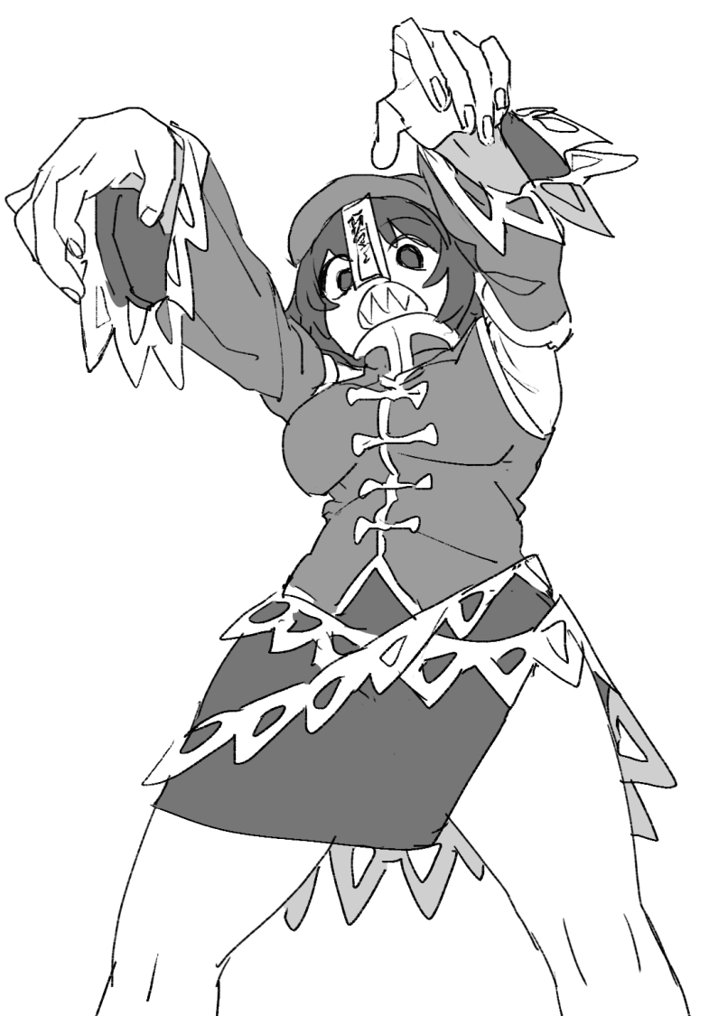 mero (starfish jcs), miyako yoshika, touhou, commentary request, 1girl, breasts, cropped legs, detached sleeves, greyscale, hat ornament, jiangshi, lace-trimmed sleeves, lace trim, looking at viewer, monochrome, ofuda, outstretched arms, sharp teeth, shirt, skirt, sleeveless, sleeveless shirt, solo, star (symbol), star hat ornament, teeth, thighs, zombie pose