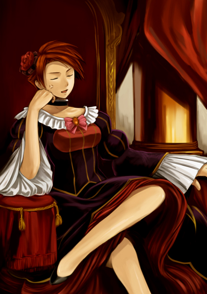 beatrice (umineko), ushiromiya battler, umineko no naku koro ni, bad id, bad pixiv id, 1boy, anger vein, annoyed, beatrice (cosplay), bow, breast padding, choker, closed eyes, completely unamused, cosplay, crossdressing, crossdressing (mtf), crossed legs, dress, figure four sitting, flower, frills, gown, hair flower, hair ornament, head rest, male focus, pink bow, red hair, short hair, sitting, solo, throne, trap, unamused