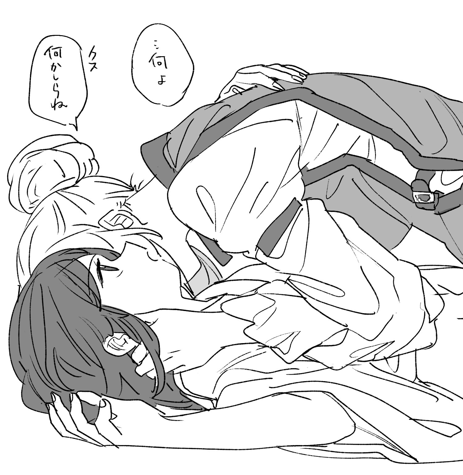 mero (starfish jcs), hakurei reimu, yakumo yukari, touhou, commentary request, highres, translation request, 2girls, alternate costume, alternate hairstyle, dress, greyscale, hair bun, hand on another's head, japanese clothes, kimono, long sleeves, lying, monochrome, multiple girls, on back, speech bubble, tabard, wide sleeves, yuri