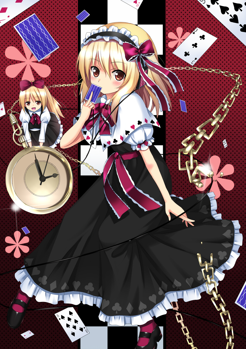 koi (koisan), alice margatroid, shanghai doll, alice's adventures in wonderland, touhou, bad id, bad pixiv id, highres, 2girls, blonde hair, blue eyes, card, chain, clubs, crossover, diamond (gemstone), diamond (shape), doll, floating card, hairband, headphones, heart, holding, holding card, long hair, mary janes, multiple girls, parody, playing card, pocket watch, red eyes, shoes, short hair, spade, watch