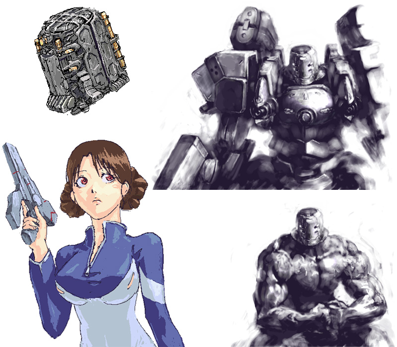 jack-o, armored core, armored core last raven, armored core nexus, fromsoftware, 1boy, 1girl, breasts, gun, handgun, mecha, pistol, robot, short hair, standing, upper body, weapon, white background