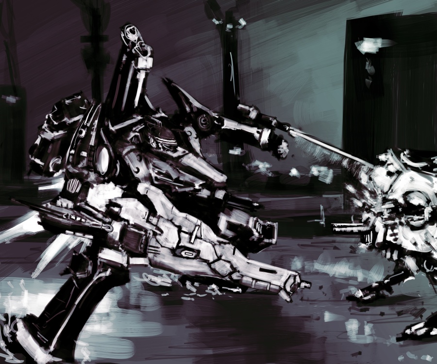 wasabikarasi, armored core, armored core: nine breaker, fromsoftware, blade, asymmetrical dual wielding, dual wielding, gun, holding, mecha, robot, weapon