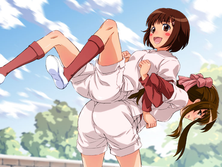nisemon, ogasawara akiko, suzukawa koume, taishou yakyuu musume, 00s, 2girls, back-to-back, blunt bangs, blush, bob cut, bow, brown eyes, brown hair, hair bow, locked arms, multiple girls, short hair, shorts, socks, tree