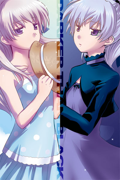 rakuto mangan, yin (darker than black), darker than black, silver hair, 00s, 1girl, camisole, dress, dual persona, female focus, flat chest, hat, long hair, polka dot, ponytail, purple eyes, skirt, solo, straw hat, turtleneck