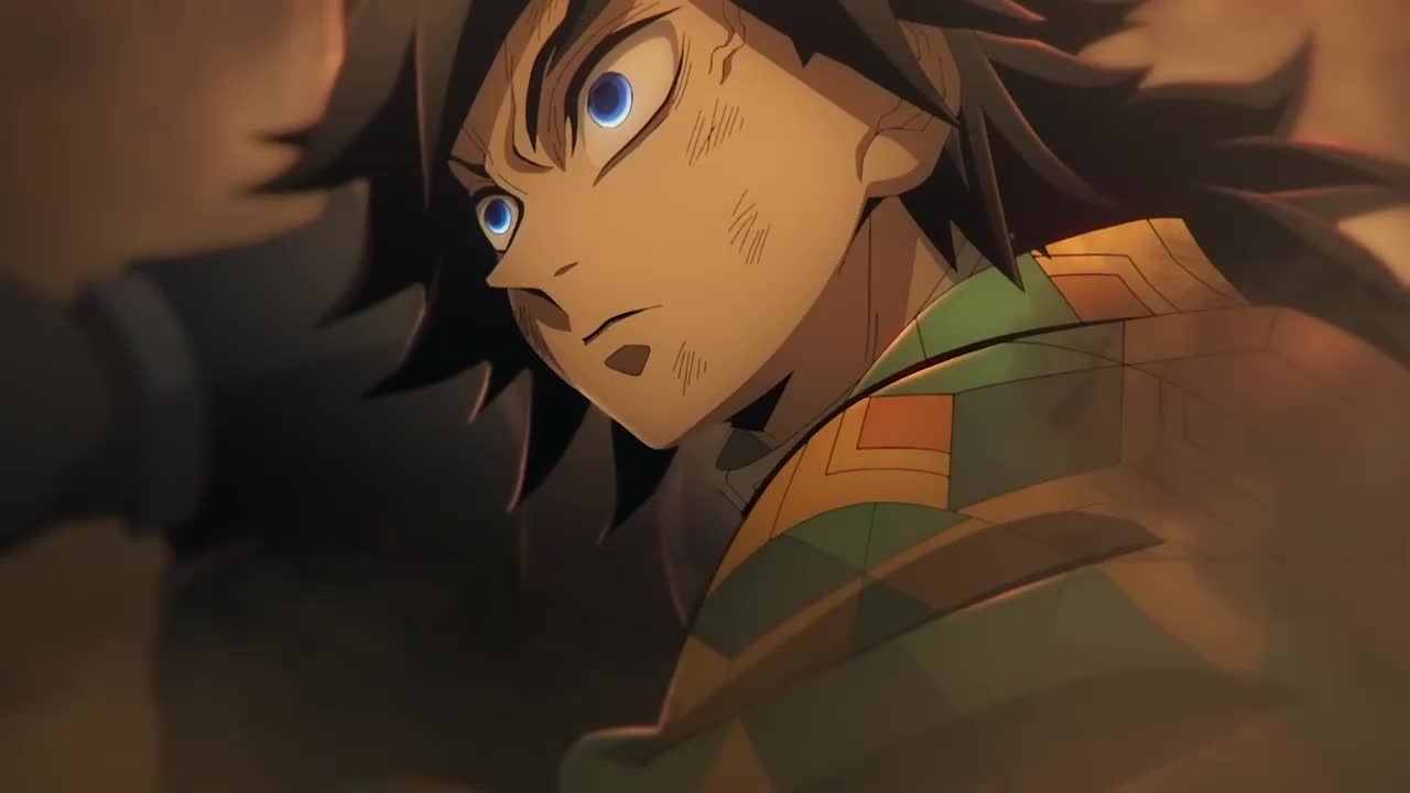 akaza (kimetsu no yaiba), kamado tanjirou, tomioka giyuu, kimetsu no yaiba, animated, tagme, video, 3boys, battle, blood, destruction, multiple boys, short hair, sword, weapon