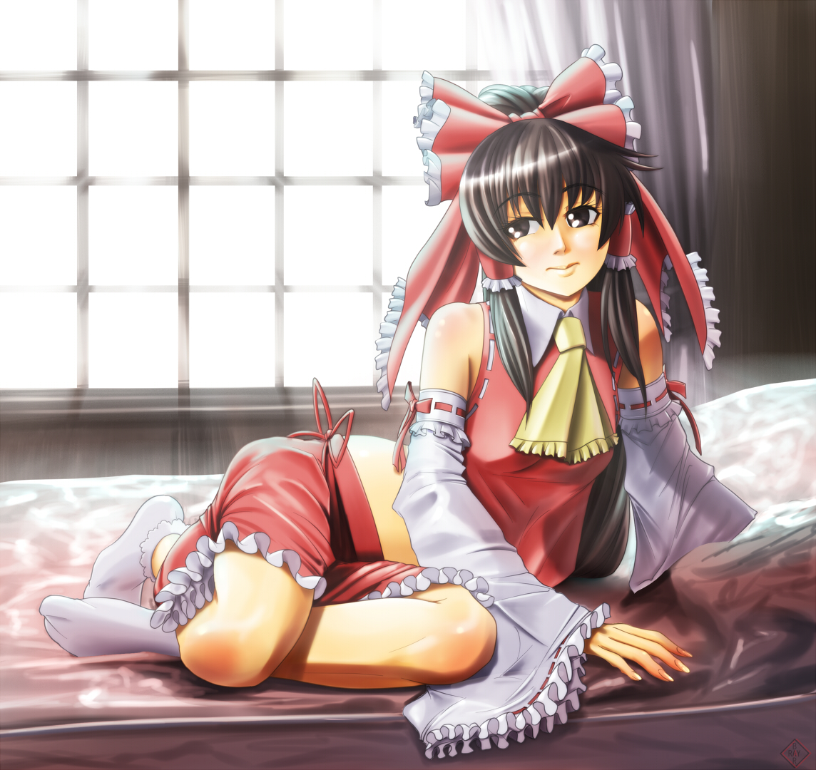 raybar, hakurei reimu, touhou, bad id, bad perspective, bad pixiv id, 1girl, bad anatomy, bad proportions, bow, brown hair, detached sleeves, female focus, indoors, japanese clothes, lips, miko, poorly drawn, short hair, solo