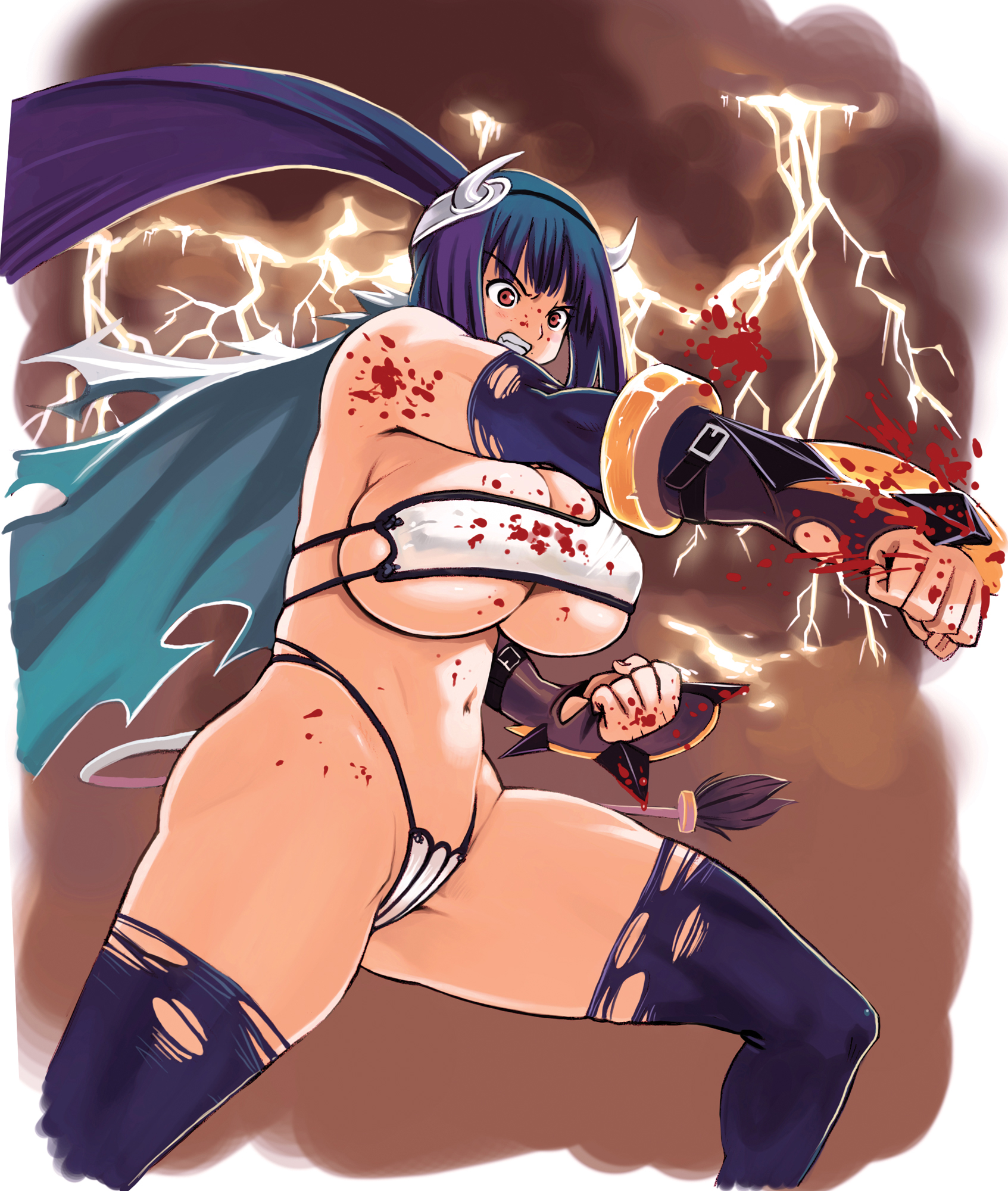 ryoji (nomura ryouji), mugen no fantasia, character request, highres, source request, 1girl, angry, blood, blue hair, breasts, cape, cow girl, cow horns, cow tail, female focus, gauntlets, horns, huge breasts, lightning, punching, red eyes, solo, tail, thighhighs, thighs