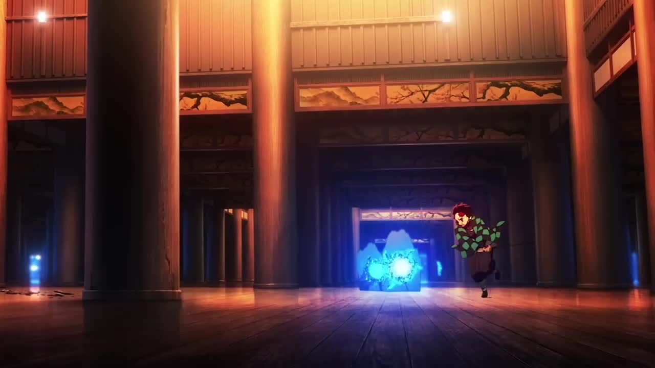 akaza (kimetsu no yaiba), kamado tanjirou, tomioka giyuu, kimetsu no yaiba, animated, tagme, video, 3boys, battle, blood, destruction, long hair, multiple boys, short hair, sword, weapon