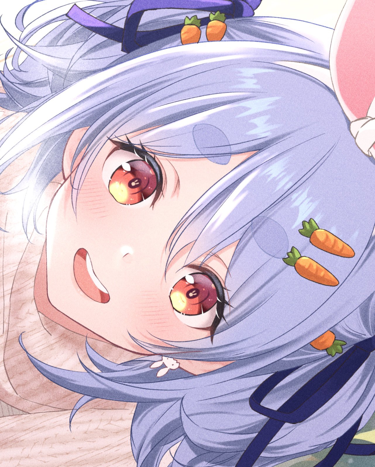 omichi 1219, usada pekora, hololive, highres, 1girl, animal ears, blue hair, blue ribbon, blush, carrot hair ornament, earrings, food-themed hair ornament, hair ornament, hair ribbon, jewelry, looking at viewer, medium hair, open mouth, rabbit-shaped pupils, rabbit earrings, rabbit ears, rabbit girl, ribbon, smile, solo, symbol-shaped pupils, teeth, tied ears, two side up, upper teeth only, virtual youtuber
