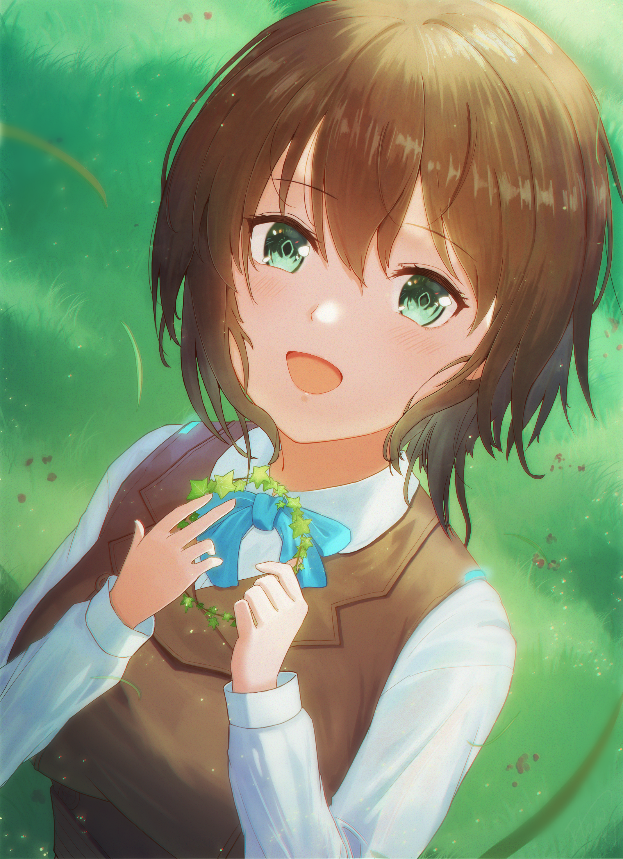 flowingcrescent, aoi erika, heaven burns red, absurdres, commentary, highres, 1girl, :d, blue bow, blue bowtie, blush, bow, bowtie, brown hair, brown vest, collared shirt, day, dutch angle, eyelashes, floating hair, grass, green eyes, hair between eyes, hands up, happy, holding, holding wreath, light particles, long sleeves, looking at viewer, medium hair, open mouth, outdoors, shirt, smile, solo, upper body, vest, white shirt, wind, wreath
