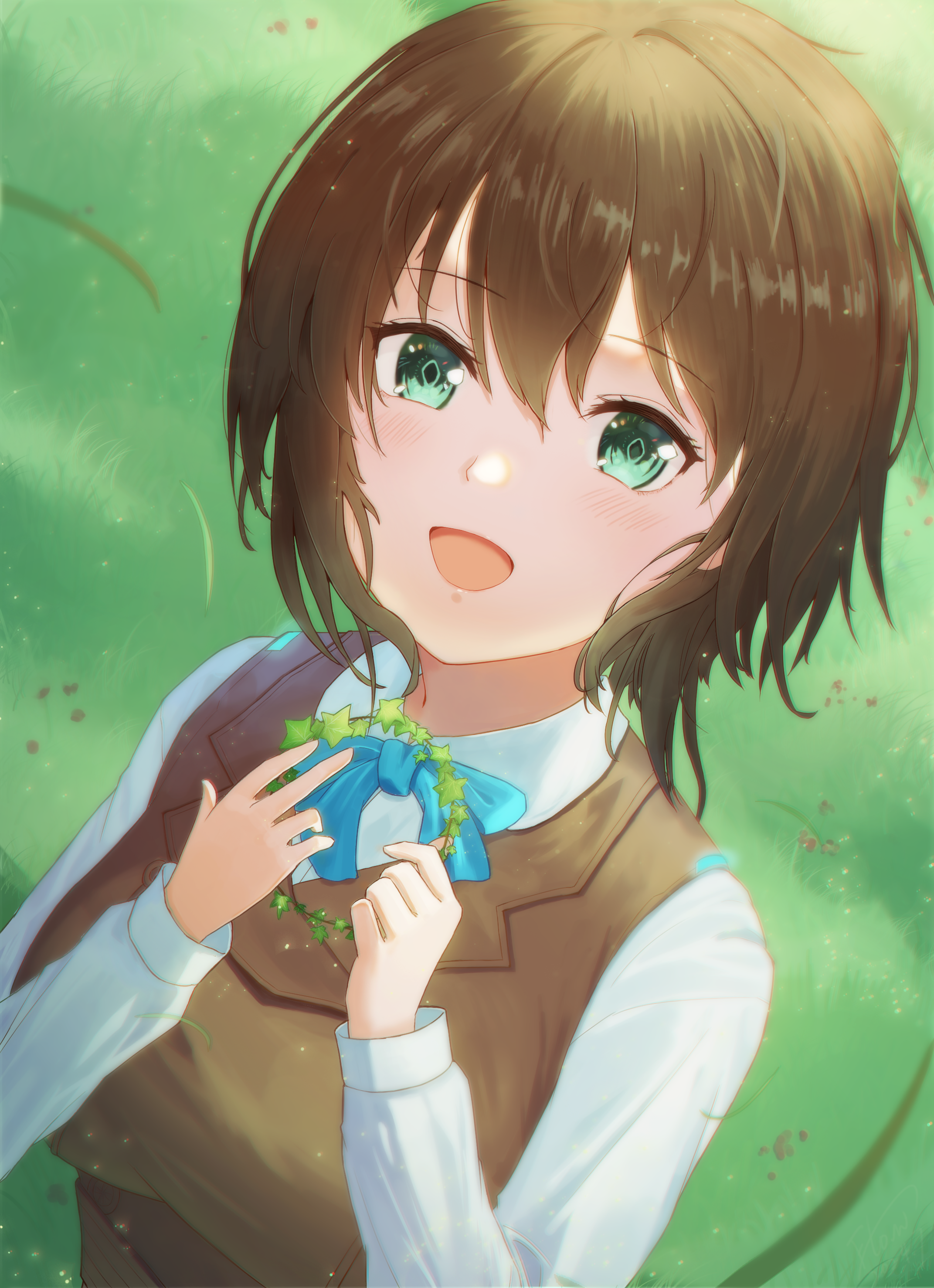 flowingcrescent, aoi erika, heaven burns red, absurdres, commentary, highres, 1girl, :d, blue bow, blue bowtie, blush, bow, bowtie, brown hair, brown vest, collared shirt, day, dutch angle, eyelashes, floating hair, grass, green eyes, hair between eyes, hands up, happy, holding, holding wreath, light particles, long sleeves, looking at viewer, medium hair, open mouth, outdoors, shirt, smile, solo, upper body, vest, white shirt, wind, wreath
