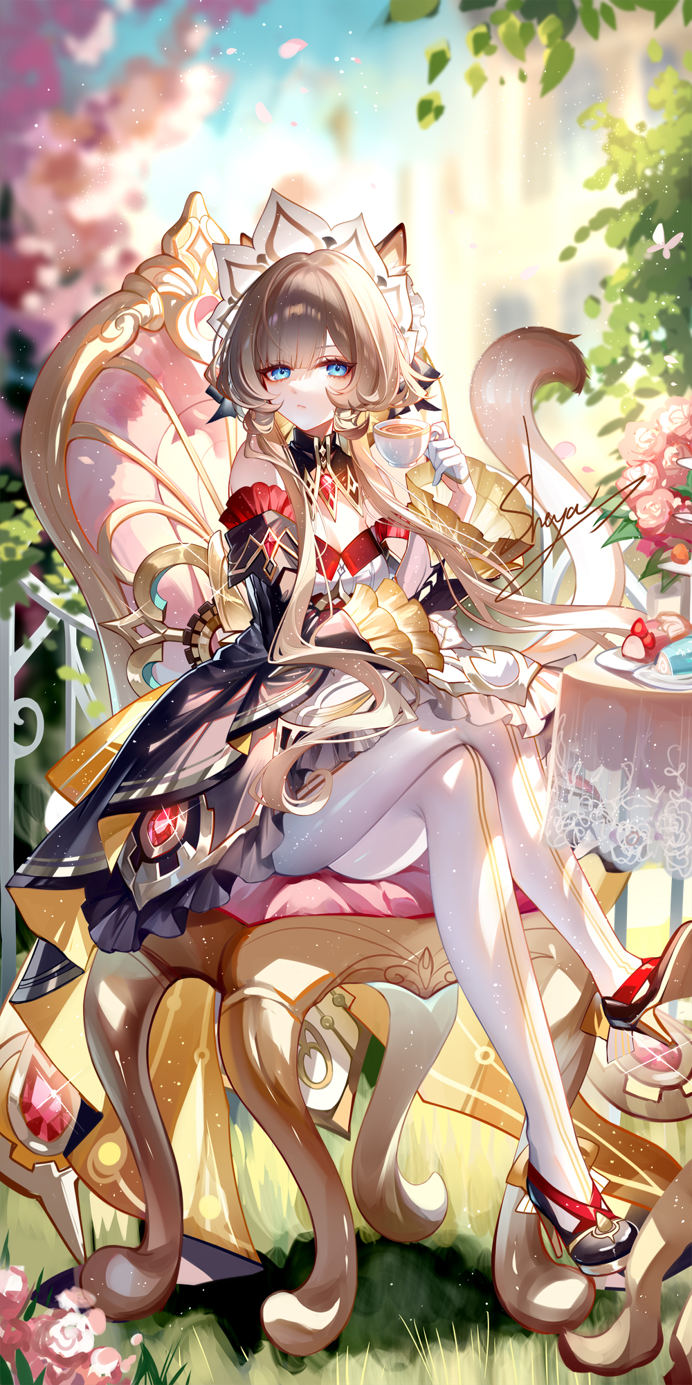 sheya, sandrone (genshin impact), genshin impact, highres, 1girl, black dress, black shoes, blue eyes, breasts, brown hair, cake, cake slice, chair, chibi, closed mouth, couch, crossed legs, cup, dress, food, full body, gloves, half gloves, hand up, holding, holding cup, long hair, long sleeves, on couch, outdoors, pantyhose, shoes, signature, sitting, solo, teacup, very long hair, white gloves, white pantyhose