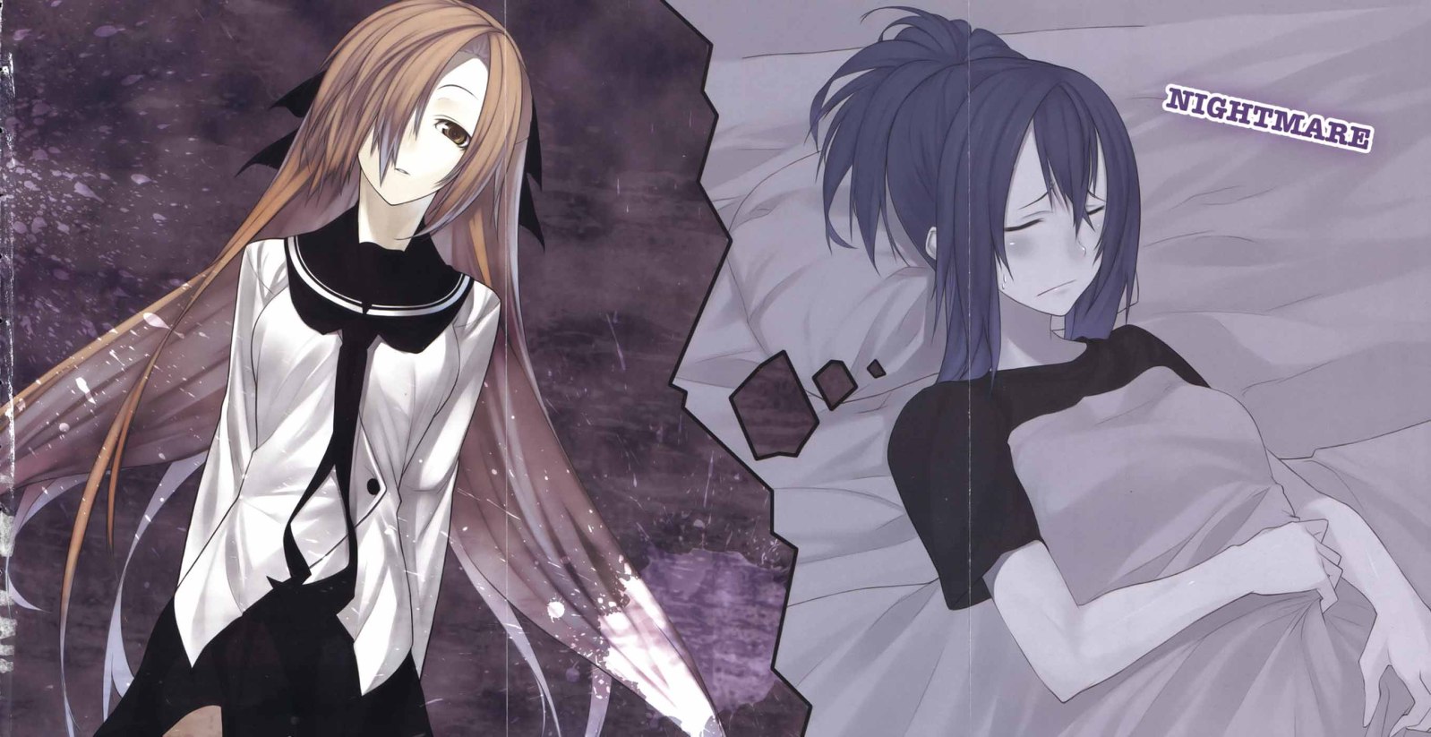 senmu (senmudayo), sakura kaede, senou natsuru, kampfer, scan, 00s, 2girls, blue hair, closed eyes, crease, genderswap, genderswap (mtf), long hair, multiple girls, ponytail, school uniform