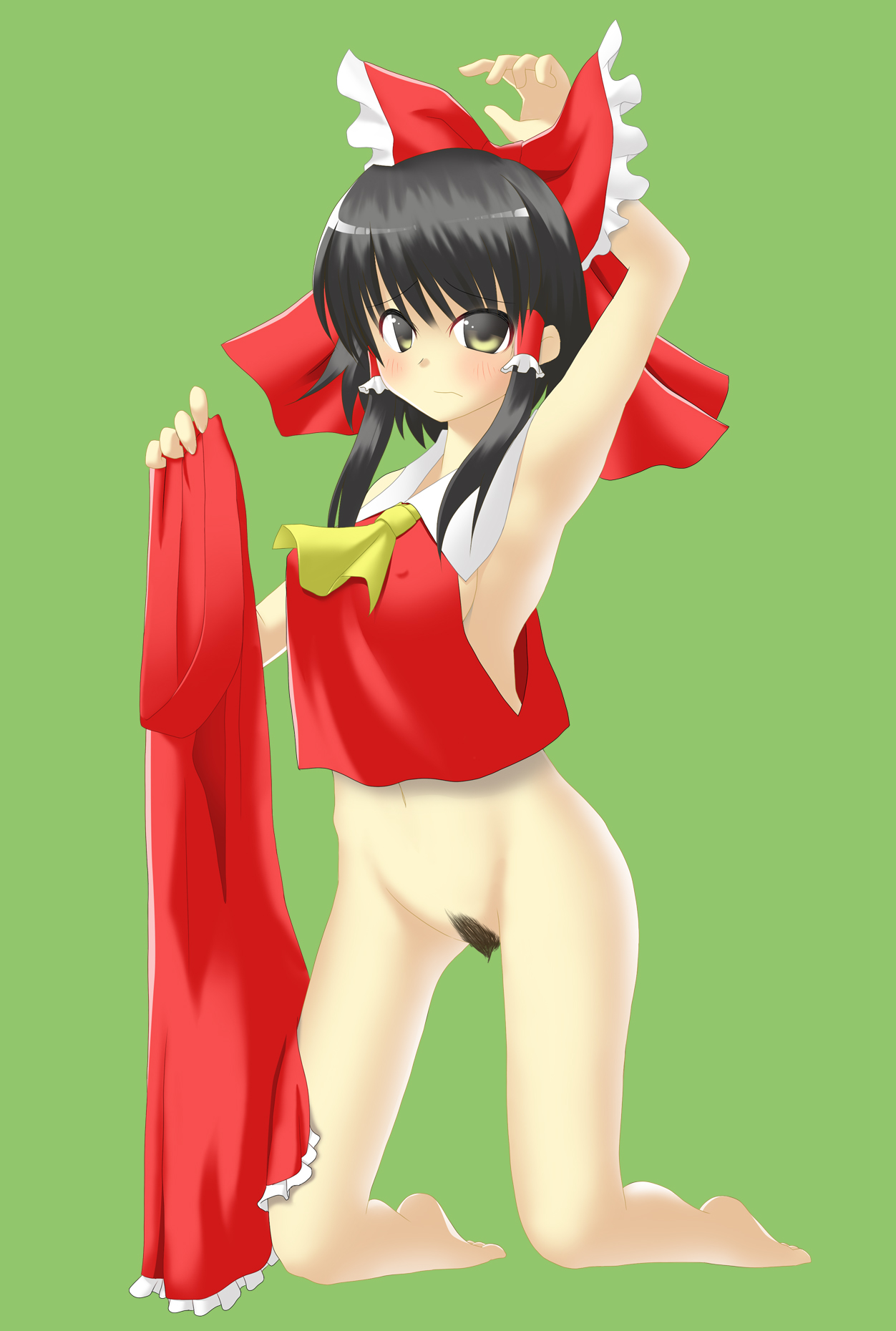 ahiruaoba, tanaka ahiru, hakurei reimu, touhou, bad id, bad pixiv id, highres, 1girl, barefoot, black hair, blush, bottomless, bow, female focus, female pubic hair, full body, hair tubes, pubic hair, simple background, solo, yellow eyes