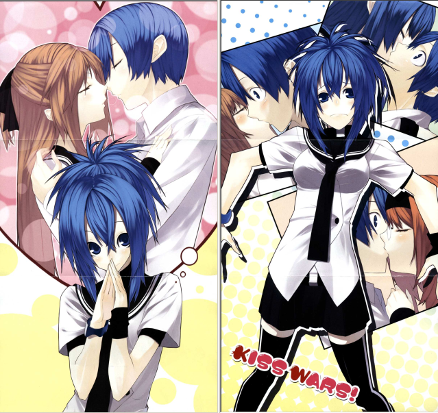 senmu (senmudayo), kondou mikoto, mishima akane, sakura kaede, sangou shizuku, senou natsuru, kampfer, scan, 00s, 1boy, 4girls, blue hair, crease, genderswap, genderswap (mtf), hetero, kiss, long hair, multiple girls, school uniform, short hair, surprised, thighhighs