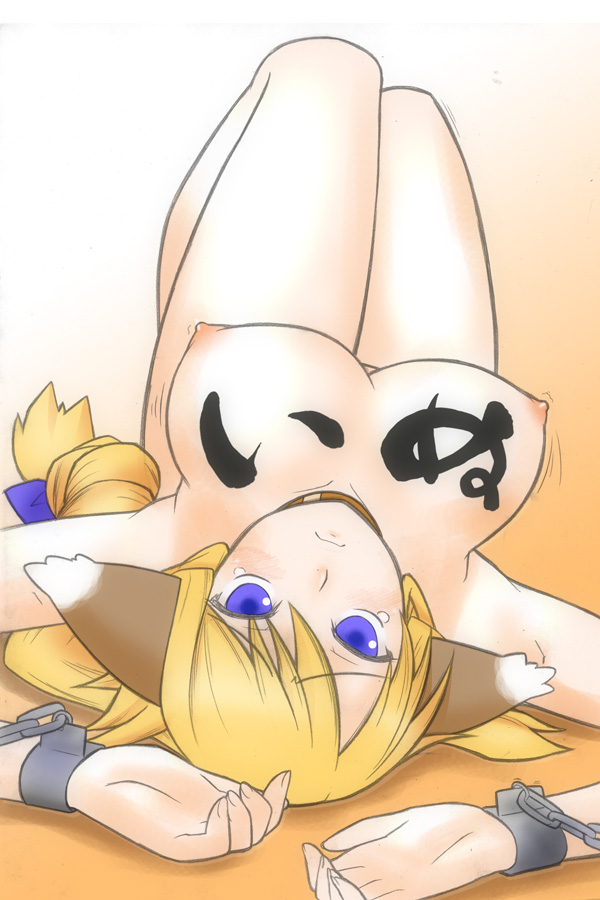 siserusamurai, agrias oaks, final fantasy, final fantasy tactics, 1girl, animal ears, bdsm, blonde hair, blue eyes, body writing, braid, breasts, chain, female focus, gradient background, large breasts, long hair, looking back, looking up, lying, nipples, nude, single braid, solo