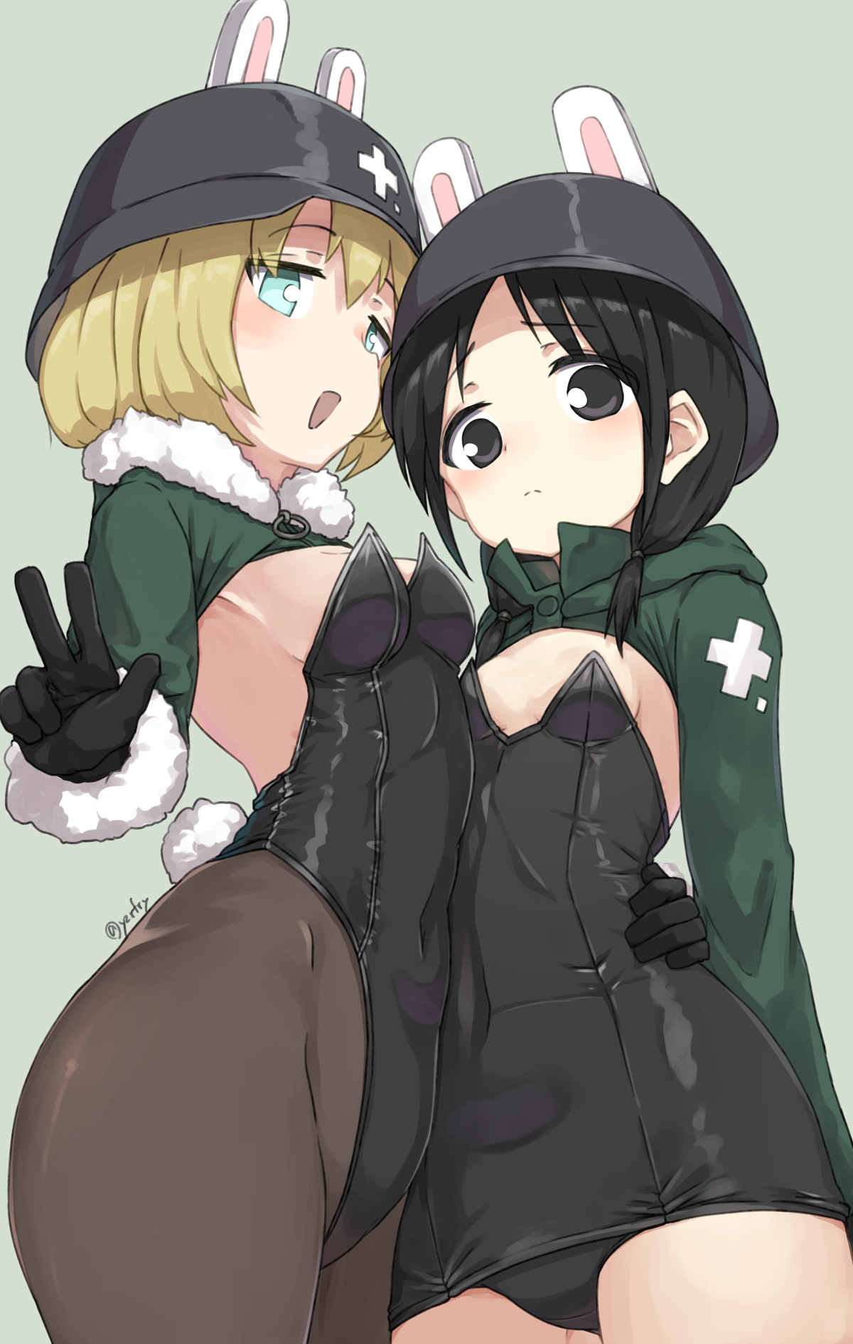 zafuri (yzrnegy), chito (shoujo shuumatsu ryokou), yuuri (shoujo shuumatsu ryokou), shoujo shuumatsu ryokou, highres, 2girls, black pantyhose, green background, hair ornament, helmet, multiple girls, pantyhose, playboy bunny, rabbit hair ornament, simple background, v