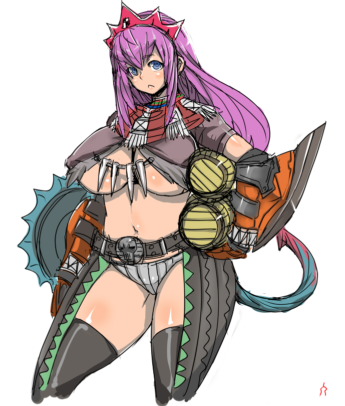 hitagiri, capcom, monster hunter (series), belt, blue eyes, breasts, curvy, gypceros (armor), hypnocatrice (armor), large breasts, pink hair, plump, shield, solo, teostra (armor), thighhighs, tiara, underboob
