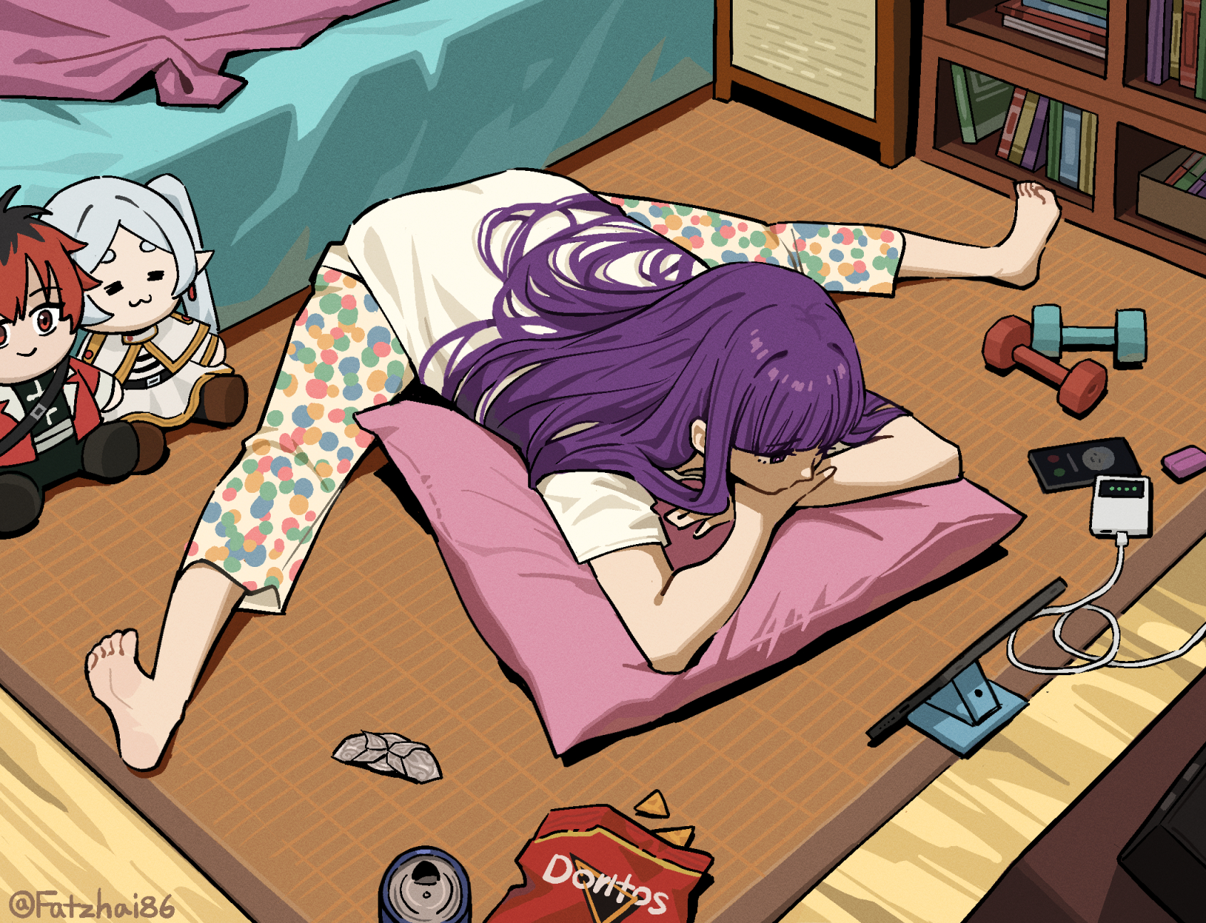 fatzhai, fern (sousou no frieren), frieren, stark (sousou no frieren), sousou no frieren, highres, 1girl, barefoot, bed, blunt bangs, can, dumbbell, indoors, long hair, mp3 player, pants, phone, pillow, print pants, purple eyes, purple hair, shirt, snack, solo, stuffed toy, twitter username, watching, white shirt, yoga