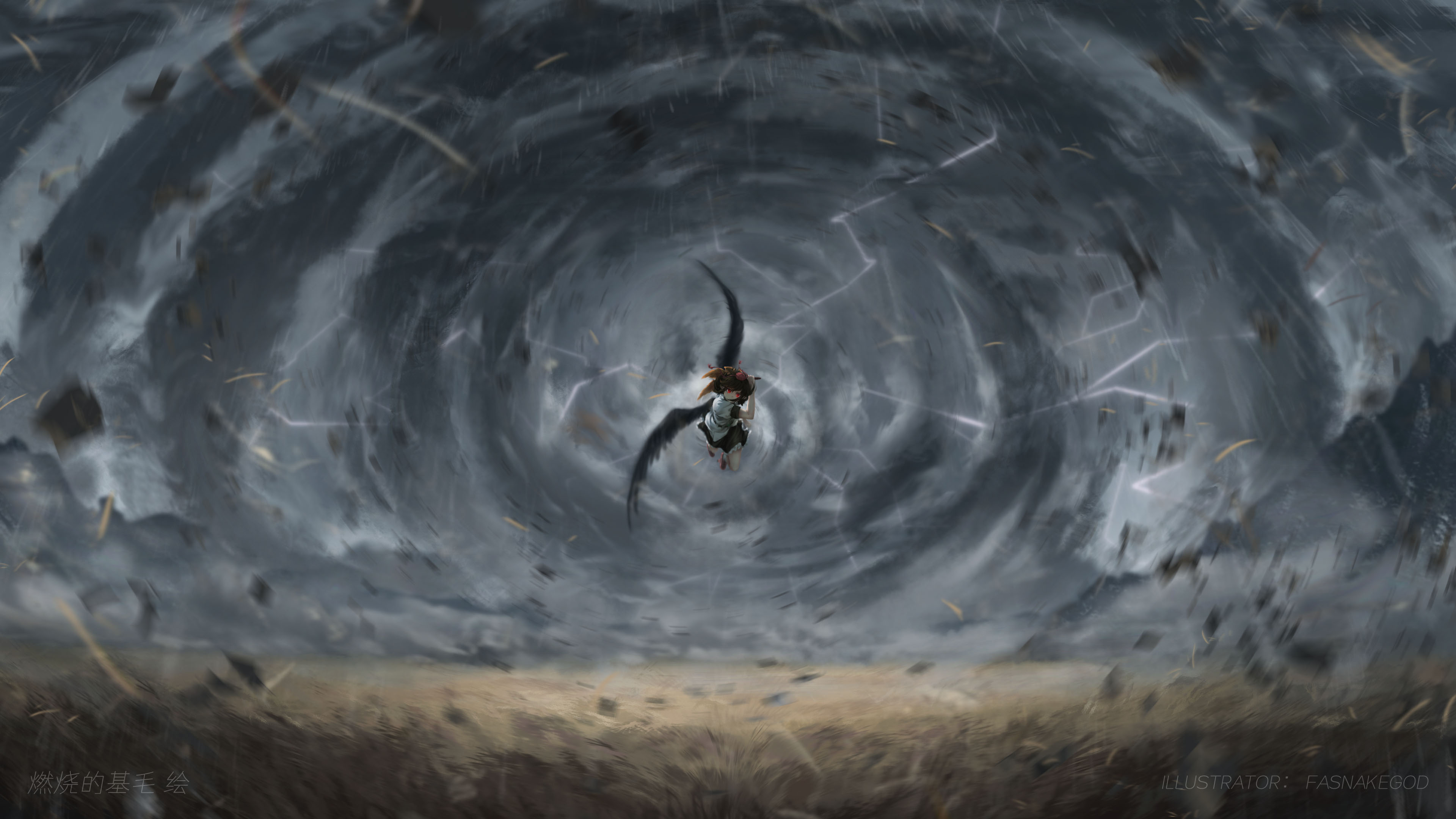 fasnakegod, shameimaru aya, touhou, absurdres, commentary request, highres, 1girl, aerokinesis, artist name, bird wings, black skirt, black wings, brown hair, debris, flying, frilled skirt, frills, geta, hat, hauchiwa, holding, looking at viewer, outdoors, pointy ears, puffy short sleeves, puffy sleeves, red eyes, red hat, shirt, short sleeves, skirt, socks, solo, storm, tengu-geta, tokin hat, white shirt, white socks, wind, wings