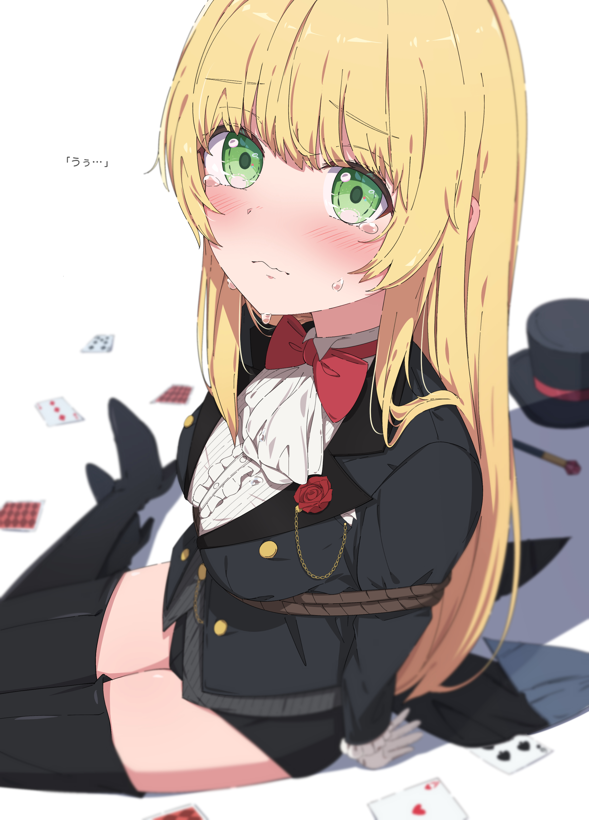 yu wo, phantom thief (kkmomo67), original, absurdres, commission, highres, skeb commission, 1girl, black leotard, black vest, blonde hair, blush, boots, bow, bowtie, cane, gloves, green eyes, hat, high heel boots, high heels, leotard, long hair, phantom thief, red bow, red bowtie, restrained, tearing up, thigh boots, top hat, unworn cane, unworn hat, unworn headwear, vest, white gloves