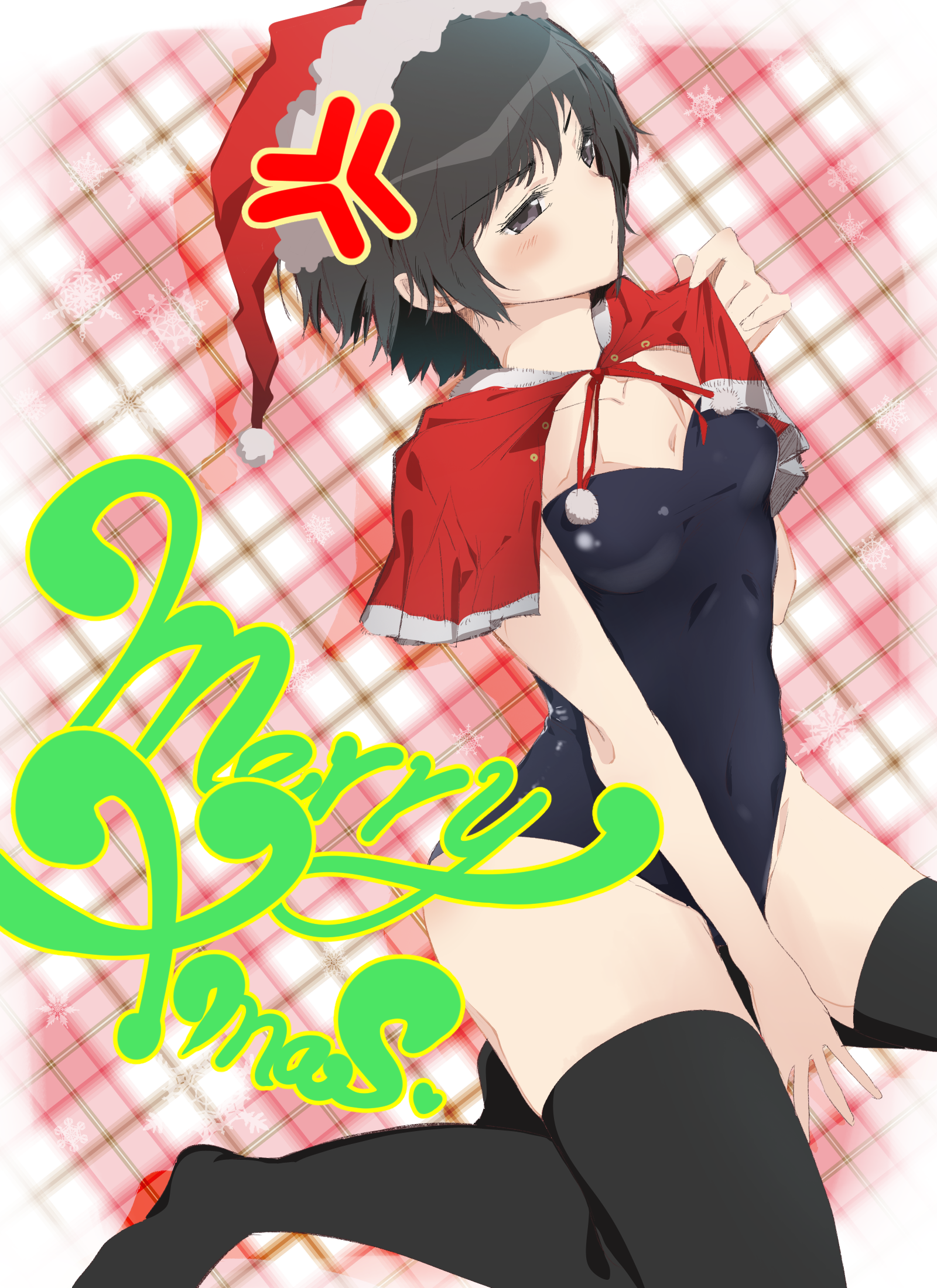 nama q, nanasaki ai, amagami, commentary request, highres, 1girl, alternate costume, anger vein, arm between legs, black eyes, black hair, black leotard, black thighhighs, breasts, capelet, christmas, closed mouth, collarbone, covered navel, feet out of frame, fur-trimmed capelet, fur-trimmed headwear, fur trim, hat, leotard, merry christmas, plaid background, red capelet, red hat, santa hat, short hair, sitting, small breasts, solo, thighhighs, thighs, wariza