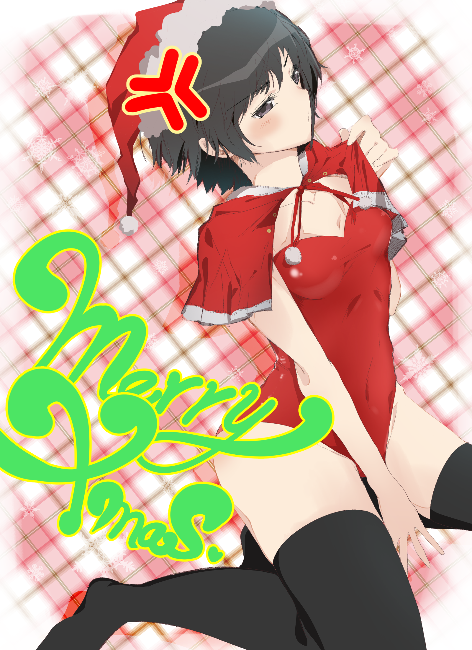 nama q, nanasaki ai, amagami, commentary request, highres, 1girl, alternate costume, anger vein, arm between legs, black eyes, black hair, black thighhighs, breasts, capelet, christmas, closed mouth, collarbone, covered navel, feet out of frame, fur-trimmed capelet, fur-trimmed headwear, fur trim, hat, leotard, merry christmas, plaid background, red capelet, red hat, red leotard, santa hat, short hair, sitting, small breasts, solo, thighhighs, thighs, wariza