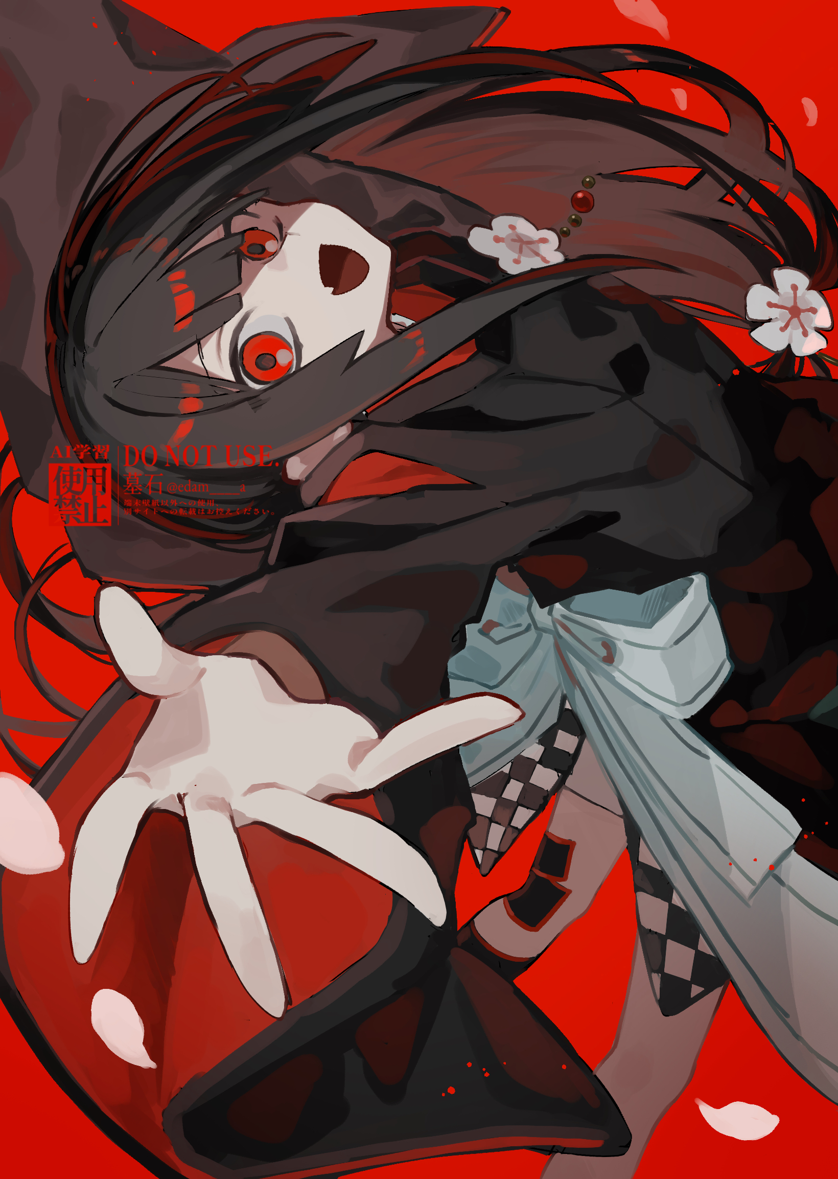 boseki (edam a), original, highres, 1girl, black hair, black kimono, blunt bangs, bow, cherry blossoms, fang, floating hair, flower, head back, japanese clothes, kimono, leaning back, long hair, long sleeves, open mouth, red background, red eyes, red ribbon, ribbon, sidelocks, simple background, skin fang, smile, solo, very long hair, watermark, white bow, white flower, white ribbon, wide sleeves