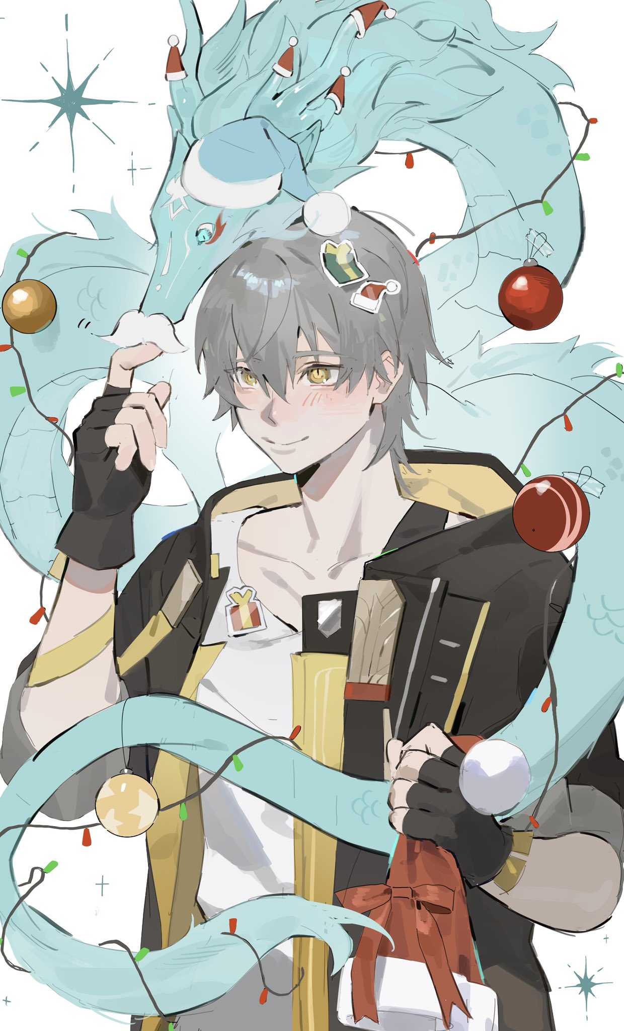 caelus (honkai: star rail), dan heng (honkai: star rail), trailblazer (honkai: star rail), honkai: star rail, honkai (series), commentary, highres, symbol-only commentary, 1boy, animalization, black coat, black gloves, blue eyes, blue hat, blue skin, blush, bow, christmas, christmas lights, christmas ornaments, closed mouth, coat, colored skin, dragon, dragon horns, dragon tail, eyeshadow, fingerless gloves, fur-trimmed headwear, fur trim, gloves, grey hair, hair between eyes, hands up, hat, holding, holding unworn clothes, holding unworn hat, hood, hooded coat, horns, judyfang5, lapels, long sleeves, looking at another, looking up, makeup, male focus, open clothes, open coat, pom pom (clothes), red bow, red eyeshadow, red hat, santa hat, shirt, short hair, simple background, smile, star (symbol), star print, sticker, t-shirt, tail, two-sided coat, two-sided fabric, unworn hat, unworn headwear, white background, white shirt, yellow coat, yellow eyes