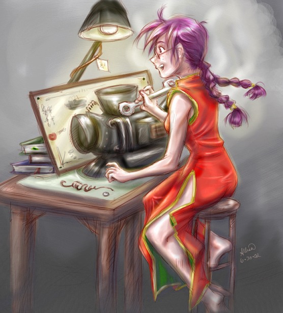 ri kouran, sakura taisen, 00s, braid, china dress, chinese clothes, dress, glasses, purple hair, twin braids