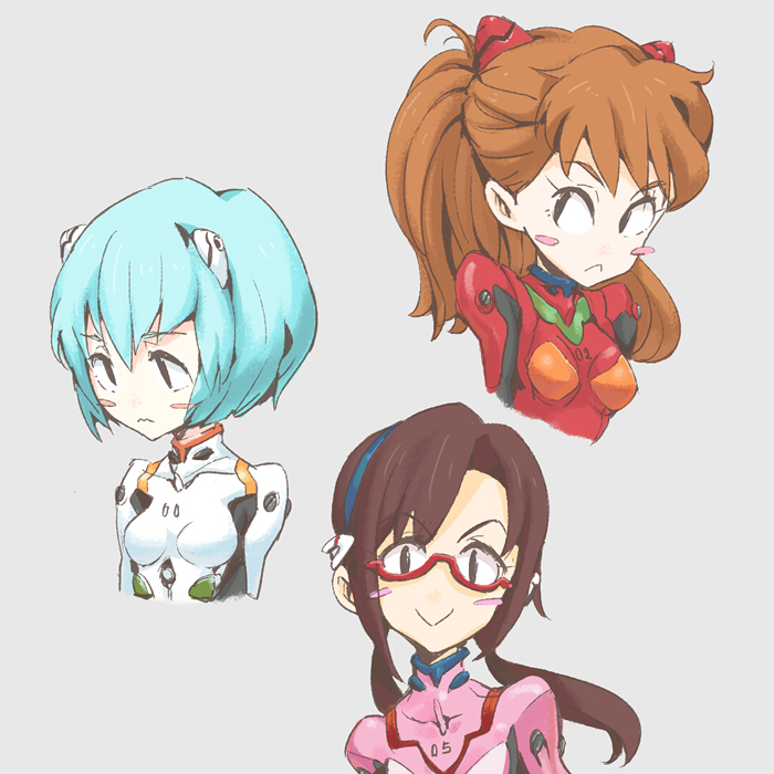 ishida hiroyasu, ayanami rei, makinami mari illustrious, souryuu asuka langley, neon genesis evangelion, rebuild of evangelion, bad id, bad pixiv id, 00s, 3girls, :>, :<, blue hair, blush, blush stickers, chibi, glasses, mecha pilot suit, multiple girls, plugsuit (evangelion)