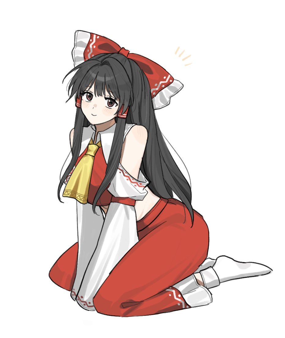 mati100311, hakurei reimu, touhou, commentary, 1girl, ascot, blush, bow, brown hair, closed mouth, detached sleeves, frilled bow, frills, hair bow, hair tubes, long hair, looking at viewer, midriff, red bow, red eyes, red skirt, simple background, skirt, skirt set, smile, socks, solo, white background, white socks, yellow ascot