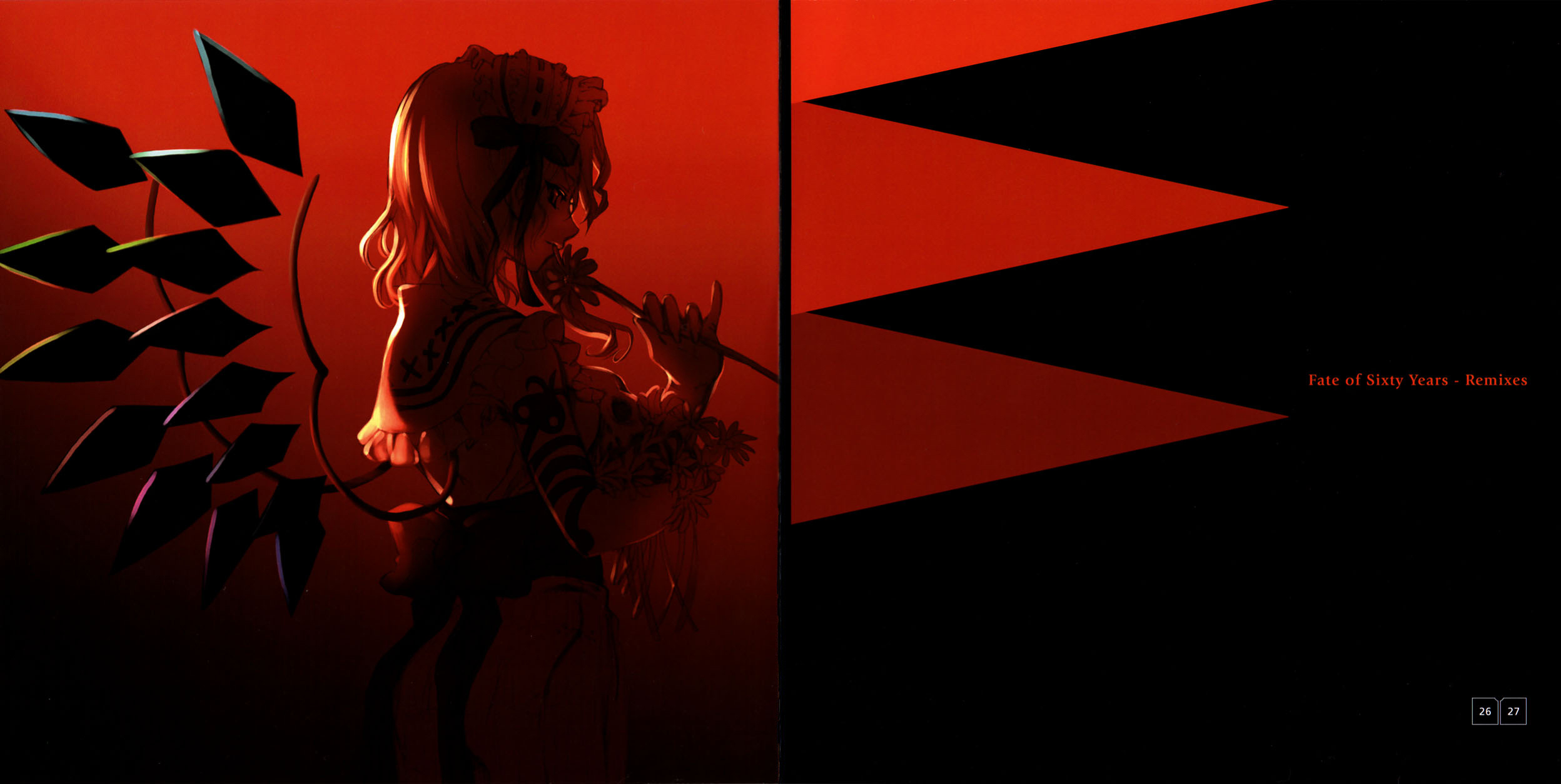 kuroya shinobu, flandre scarlet, embodiment of scarlet devil, touhou, highres, scan, 1girl, blonde hair, cover, female focus, flower, laevatein, skull, solo, wings