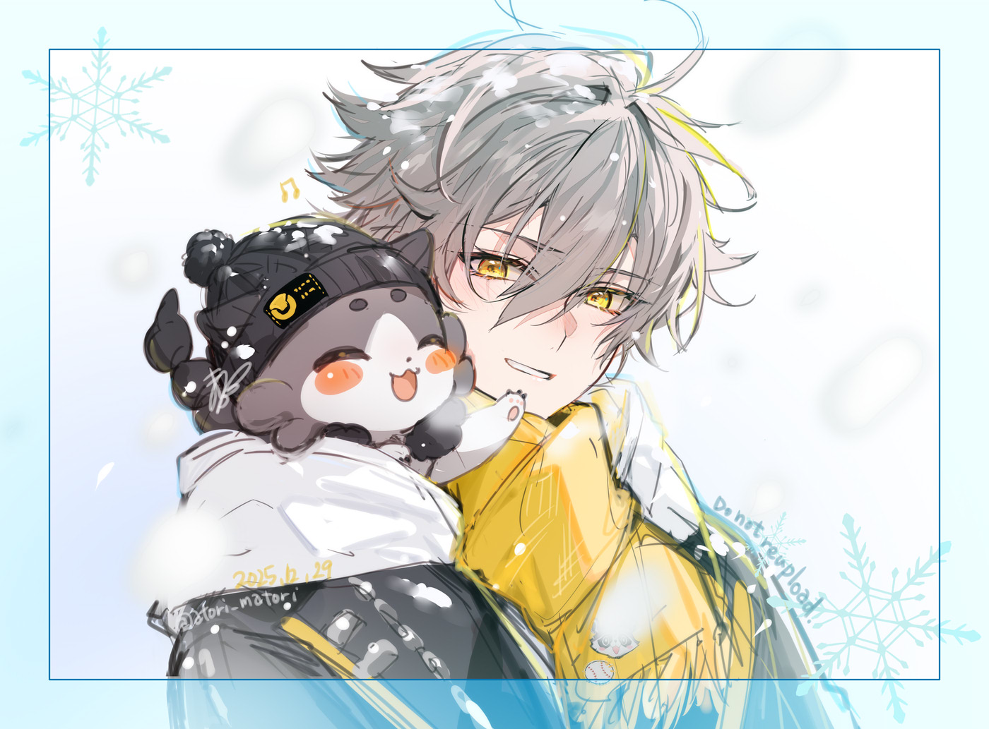 matori (penguin batake), caelus (honkai: star rail), caelus (world tour 2023) (honkai: star rail), chimera (honkai: star rail), trailblazer (honkai: star rail), honkai: star rail, honkai (series), commentary request, 1boy, animal ears, animal nose, animalization, artist name, black hat, black jacket, blue border, blush stickers, border, closed eyes, creature, grey hair, hair between eyes, happy, hat, hood, hoodie, jacket, lapels, looking at another, male focus, musical note, official alternate costume, open clothes, open jacket, open mouth, outside border, person and animalization, pom pom (clothes), scarf, short hair, smile, snowflakes, snowing, tail, teeth, upper body, white background, white hoodie, winter, yellow eyes, yellow scarf