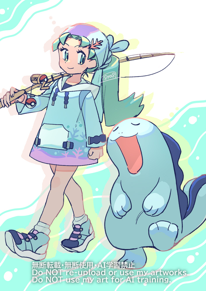 haraya, kris (pokemon), quagsire, nintendo, pokemon, pokemon gsc, mixed-language commentary, 1girl, alternate costume, clenched hand, closed mouth, eyelashes, fishing rod, gen 2 pokemon, green eyes, green hair, green shoes, hand up, holding, holding fishing rod, long hair, long sleeves, pokemon (creature), shoes, signature, smile, socks, standing, watermark, white socks