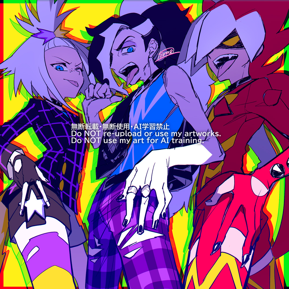 haraya, piers (pokemon), piers (sygna suit) (pokemon), roxie (pokemon), roxie (sygna suit) (pokemon), ryuki (pokemon), nintendo, pokemon, pokemon masters ex, pokemon sm, mixed-language commentary, 1girl, 2boys, black nails, blue eyes, eyeshadow, fingerless gloves, gloves, long hair, long sleeves, makeup, multicolored hair, multiple boys, nail polish, official alternate costume, open mouth, pants, partially fingerless gloves, shirt, sleeveless, sleeveless shirt, teeth, tongue, tongue out, two-tone hair, upper teeth only, v, watermark