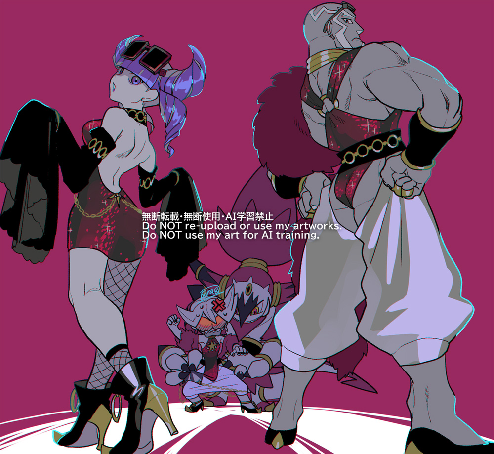 haraya, hoopa, hoopa (unbound), lear (pokemon), rachel (pokemon), sawyer (pokemon masters ex), nintendo, pokemon, pokemon masters ex, mixed-language commentary, 1girl, 2boys, alternate costume, anger vein, arched bangs, black shoes, black sleeves, closed mouth, detached sleeves, dress, eyewear on head, fishnet pantyhose, fishnet socks, fishnets, frown, gen 6 pokemon, high heels, jewelry, kneepits, legendary pokemon, looking back, multiple boys, muscular, muscular male, mythical pokemon, pantyhose, pokemon (creature), purple hair, ring, shoes, short hair, shoulder blades, signature, single leg pantyhose, single sock, socks, sunglasses, watermark