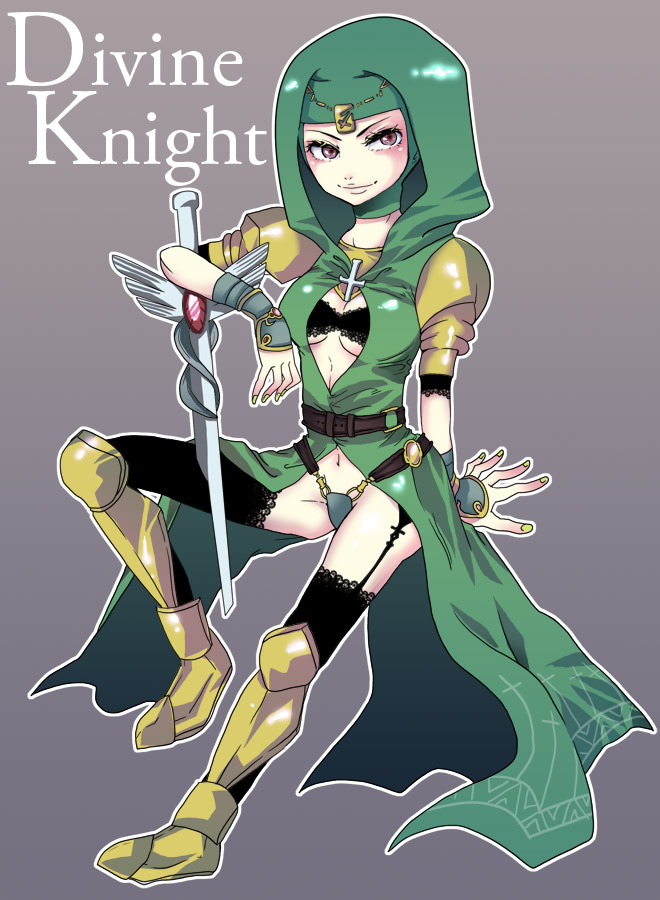 apollon (artist), meliadoul tengille, final fantasy, final fantasy tactics, 1girl, armor, belt, boots, bra, brown eyes, coat, female focus, full body, gradient background, hood, lingerie, nail polish, open clothes, open coat, solo, sword, thighhighs, trench coat, underwear, weapon