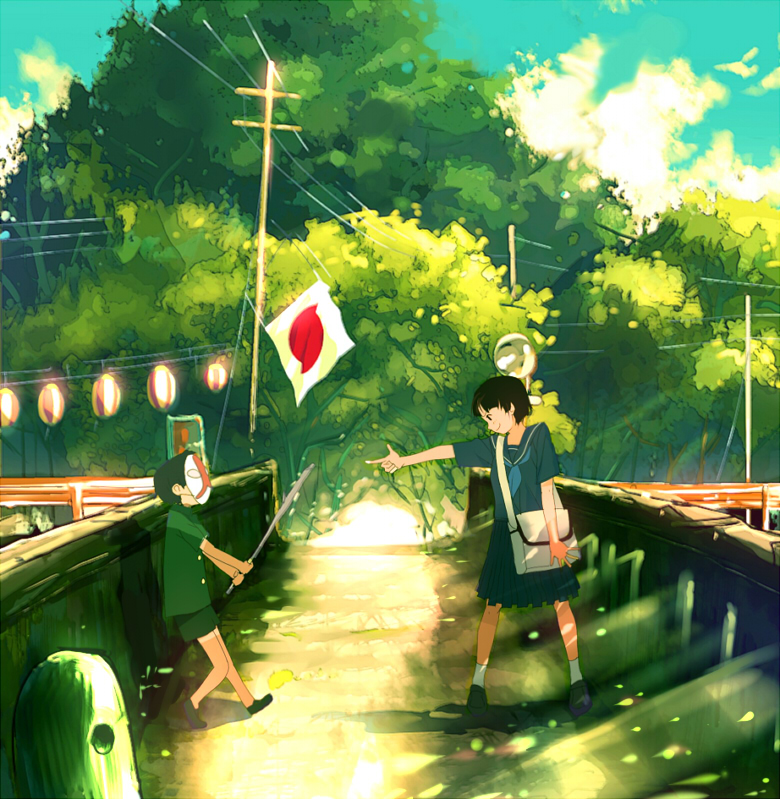 inumaru (sougen no marogoya), original, light, 1boy, 1girl, bag, baseball bat, black serafuku, blue neckerchief, bridge, cloud, day, flag, forest, holding, holding sword, holding weapon, legs apart, mask, miniskirt, nature, neckerchief, outdoors, power lines, school uniform, serafuku, shoulder bag, skirt, sky, slice of life, socks, standing, sword, tree, two-handed, weapon