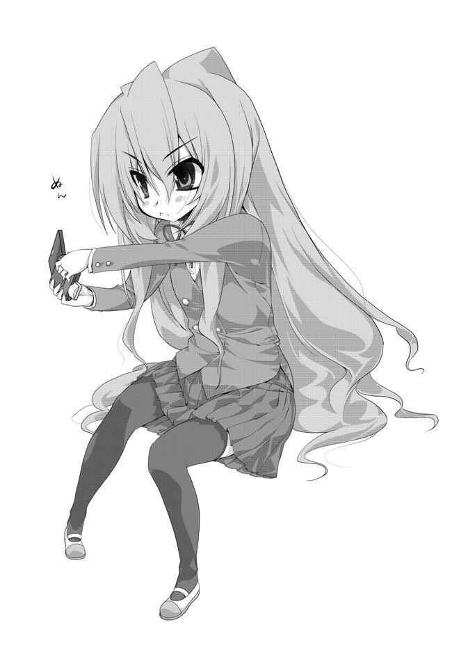 hairan, aisaka taiga, toradora!, 00s, 1girl, :<, female focus, greyscale, handheld game console, long hair, mary janes, monochrome, nintendo ds, playing games, shoes, solo, thighhighs, very long hair