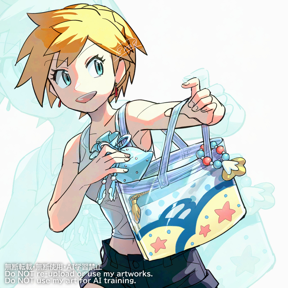 haraya, misty (pokemon), nintendo, pokemon, pokemon masters ex, mixed-language commentary, 1girl, :d, aqua eyes, bag, black shorts, blonde hair, collarbone, eyelashes, happy, holding strap, looking to the side, open mouth, shirt, short hair, short shorts, shorts, signature, sleeveless, sleeveless shirt, smile, solo, teeth, upper teeth only, watermark