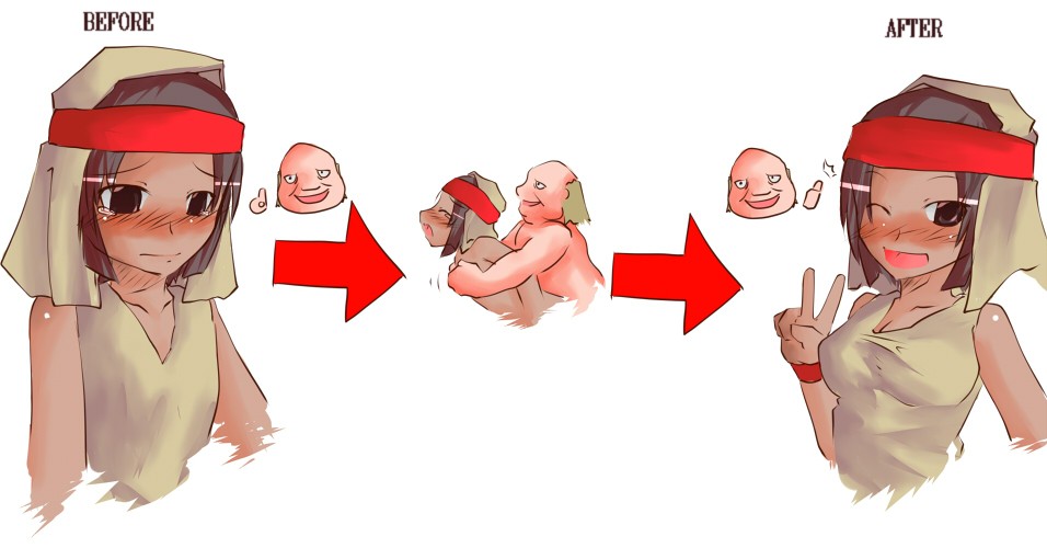 tanaka hojo, gerrith barrington, rapha galthena, final fantasy, final fantasy tactics, bare shoulders, before and after, blush, breast expansion, breasts, brown eyes, brown hair, cleavage, clothed female nude male, couple, dark skin, headband, hood, nude, open mouth, sequential, sex, short hair, text focus, v