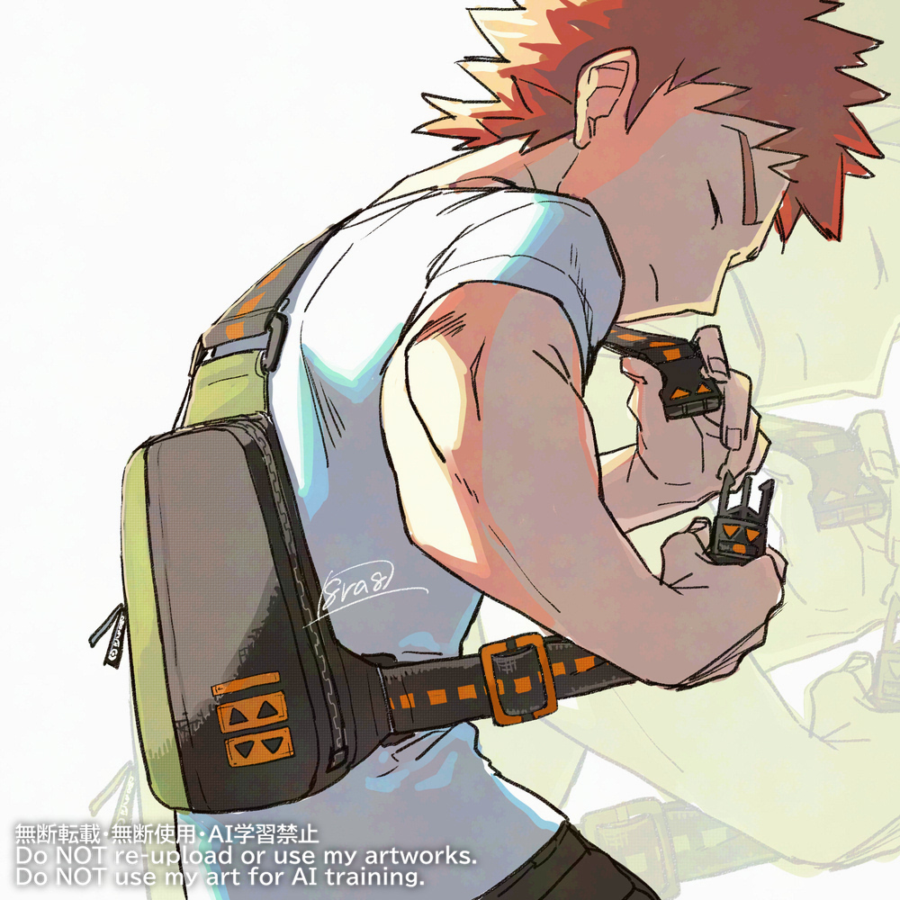 haraya, brock (pokemon), nintendo, pokemon, pokemon masters ex, mixed-language commentary, 1boy, bag, brown hair, closed eyes, closed mouth, male focus, pants, shirt, short hair, short sleeves, signature, solo, spiked hair, watermark, white background, white shirt, zipper, zipper pull tab