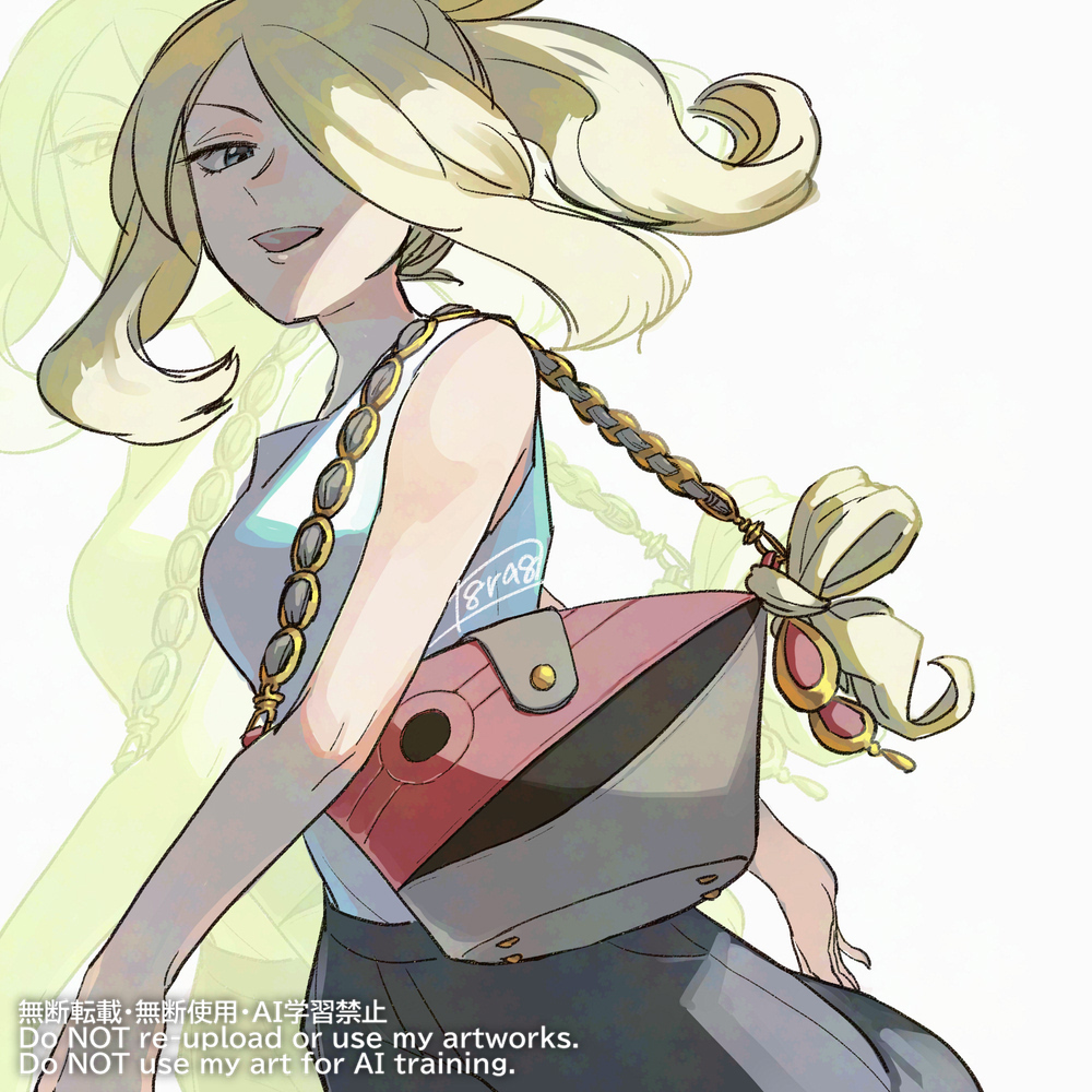 haraya, cynthia (pokemon), nintendo, pokemon, pokemon masters ex, mixed-language commentary, 1girl, bag, blonde hair, grey eyes, hair over one eye, looking down, open mouth, shirt, sidelocks, signature, skirt, sleeveless, sleeveless shirt, solo, teeth, upper teeth only, watermark