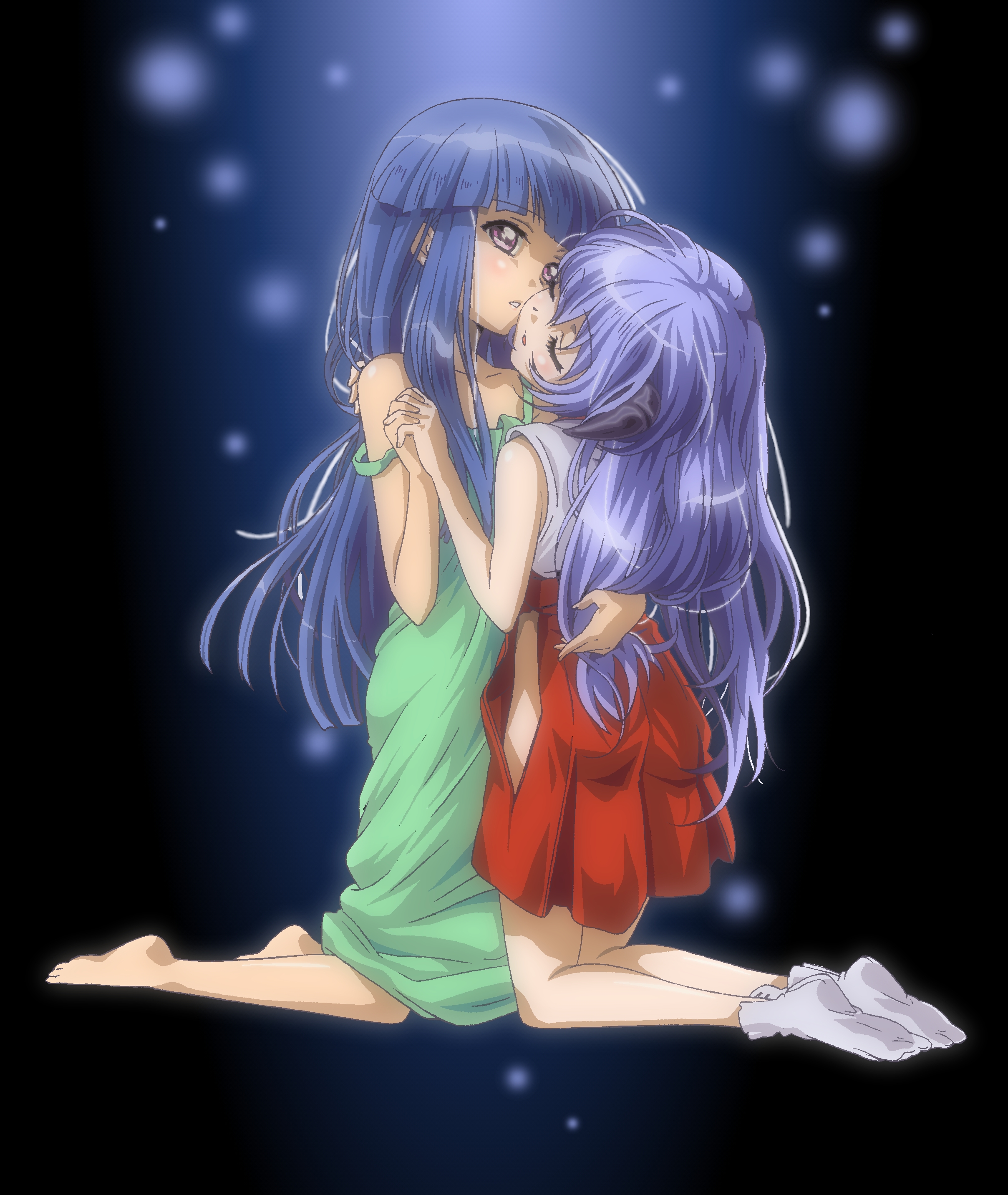 kazuki (qjqy), furude rika, hanyuu, higurashi no naku koro ni, absurdres, highres, 00s, 2girls, adapted uniform, barefoot, blue hair, blunt bangs, closed eyes, couple, detached sleeves, dress, green dress, hakama, hakama skirt, hime cut, holding hands, horns, japanese clothes, kneeling, long hair, miko, multiple girls, official style, purple eyes, purple hair, red hakama, skirt, sleeveless, socks, strap slip, tabi, yuri